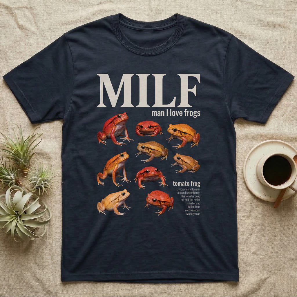 Tomato Frog MILF T-Shirt in Navy — Seven tomato frogs in a cut-out photo collage under the huge cream word MILF, man I love tomato frogs.
