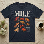 Tomato Frog MILF T-Shirt in Navy — Seven tomato frogs in a cut-out photo collage under the huge cream word MILF, man I love tomato frogs.