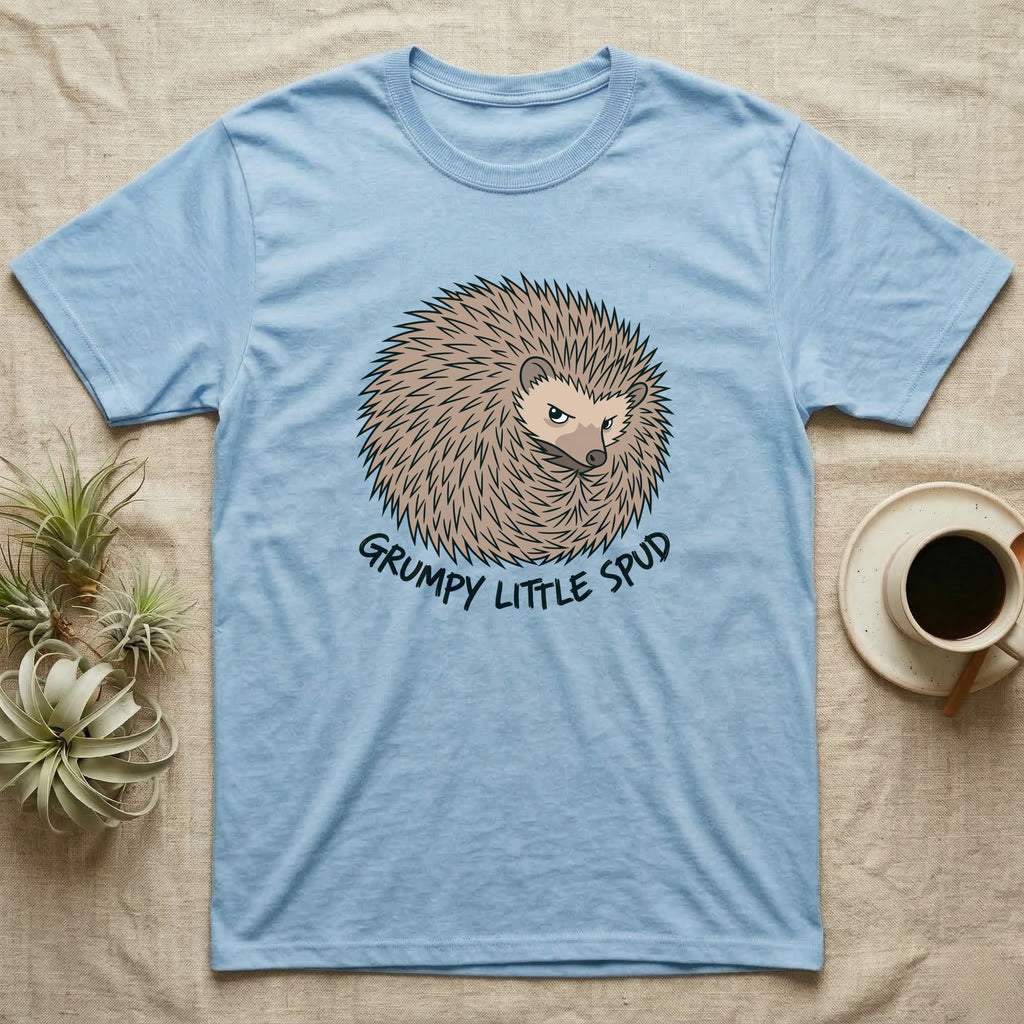 Light blue t-shirt with a cartoon hedgehog and text "GRUMPY LITTLE SPUD".