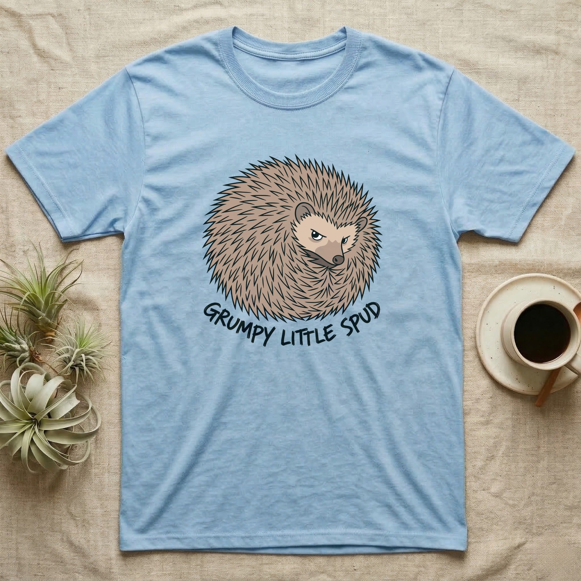 Light blue t-shirt with a cartoon hedgehog and text "GRUMPY LITTLE SPUD".