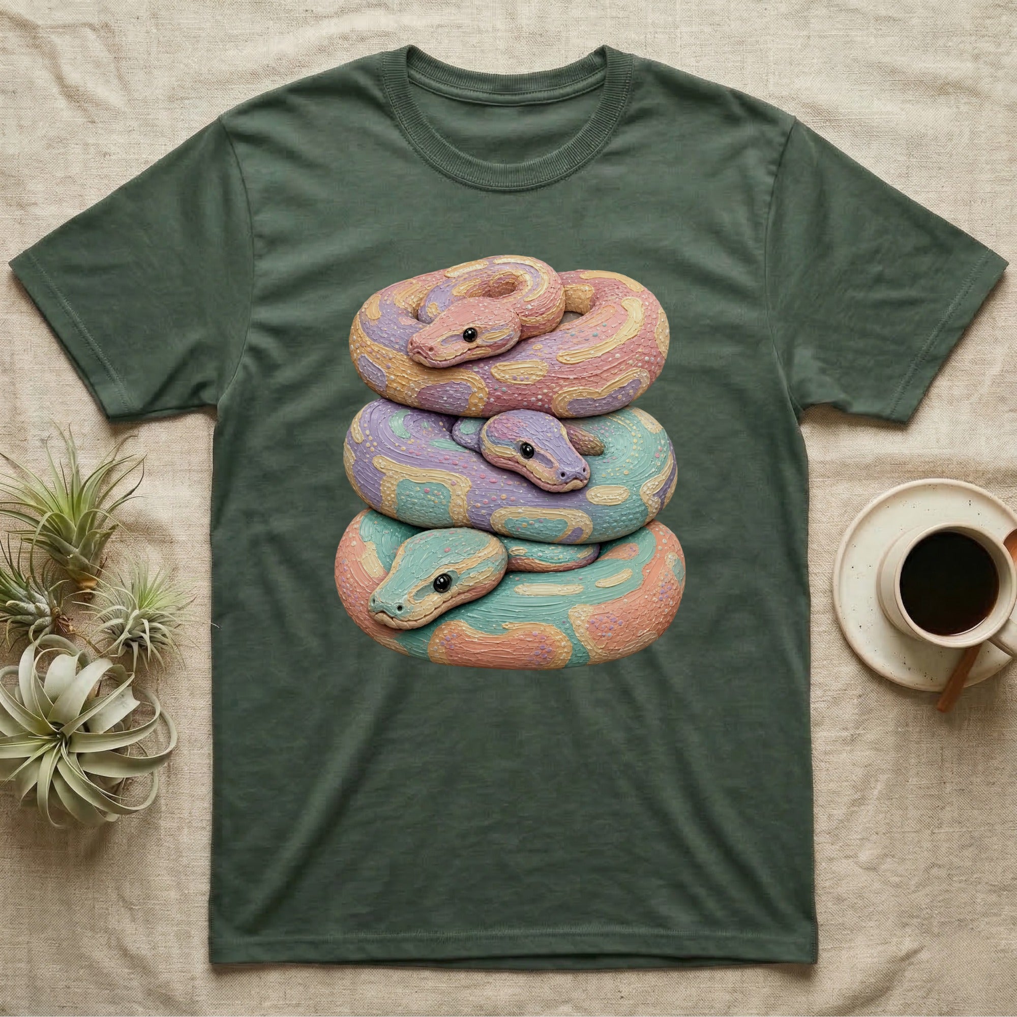 Stacked pastel snakes on a dark green t-shirt.