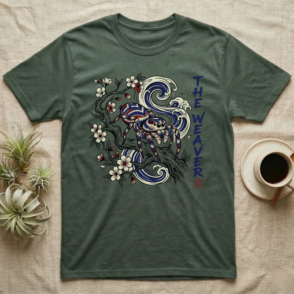 Green t-shirt with a spider, cherry blossoms, and waves design.