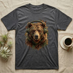 Dark gray t-shirt with a graphic of a bear wearing headphones.