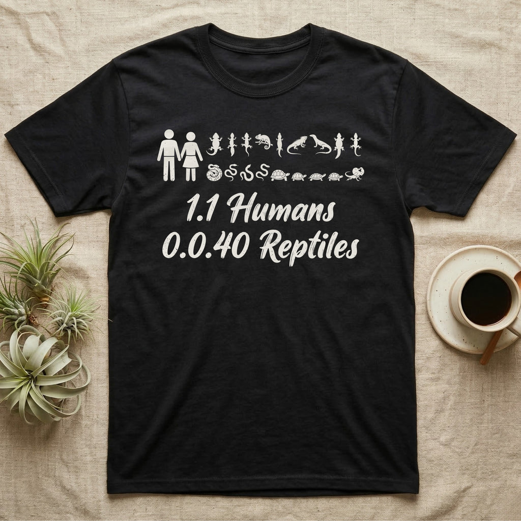 Reptile Family Decal T-Shirt in Black — Stick-figure family decal of two humans beside two rows of reptile stickers, over script reading 1.1 Humans 0.0.40 Reptiles