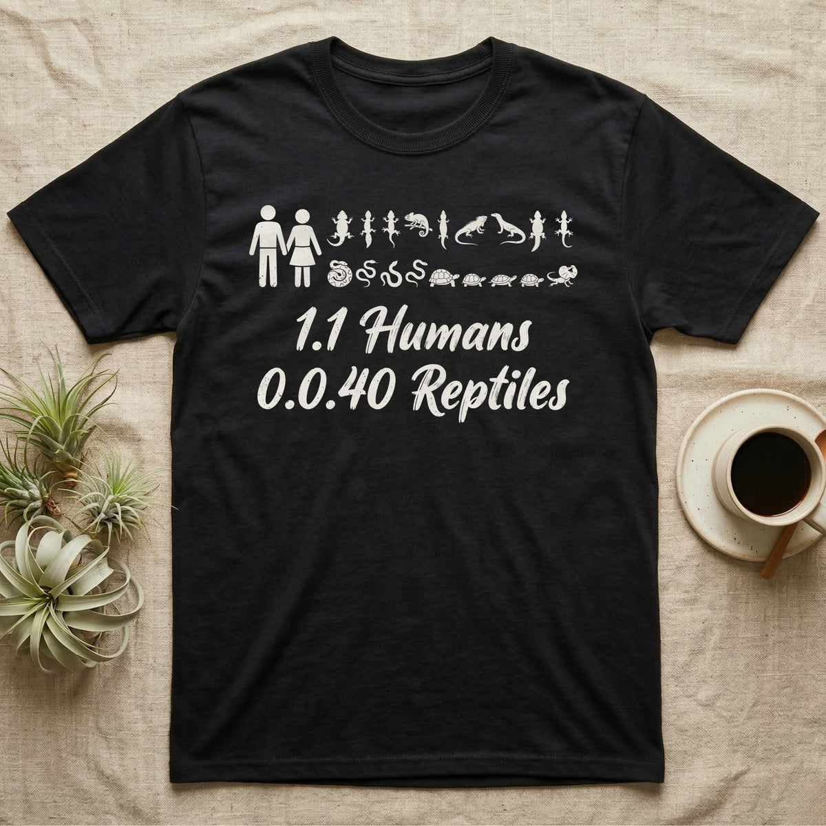 Reptile Family Decal T-Shirt in Black — Stick-figure family decal of two humans beside two rows of reptile stickers, over script reading 1.1 Humans 0.0.40 Reptiles