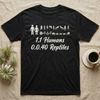 Reptile Family Decal T-Shirt in Black — Stick-figure family decal of two humans beside two rows of reptile stickers, over script reading 1.1 Humans 0.0.40 Reptiles