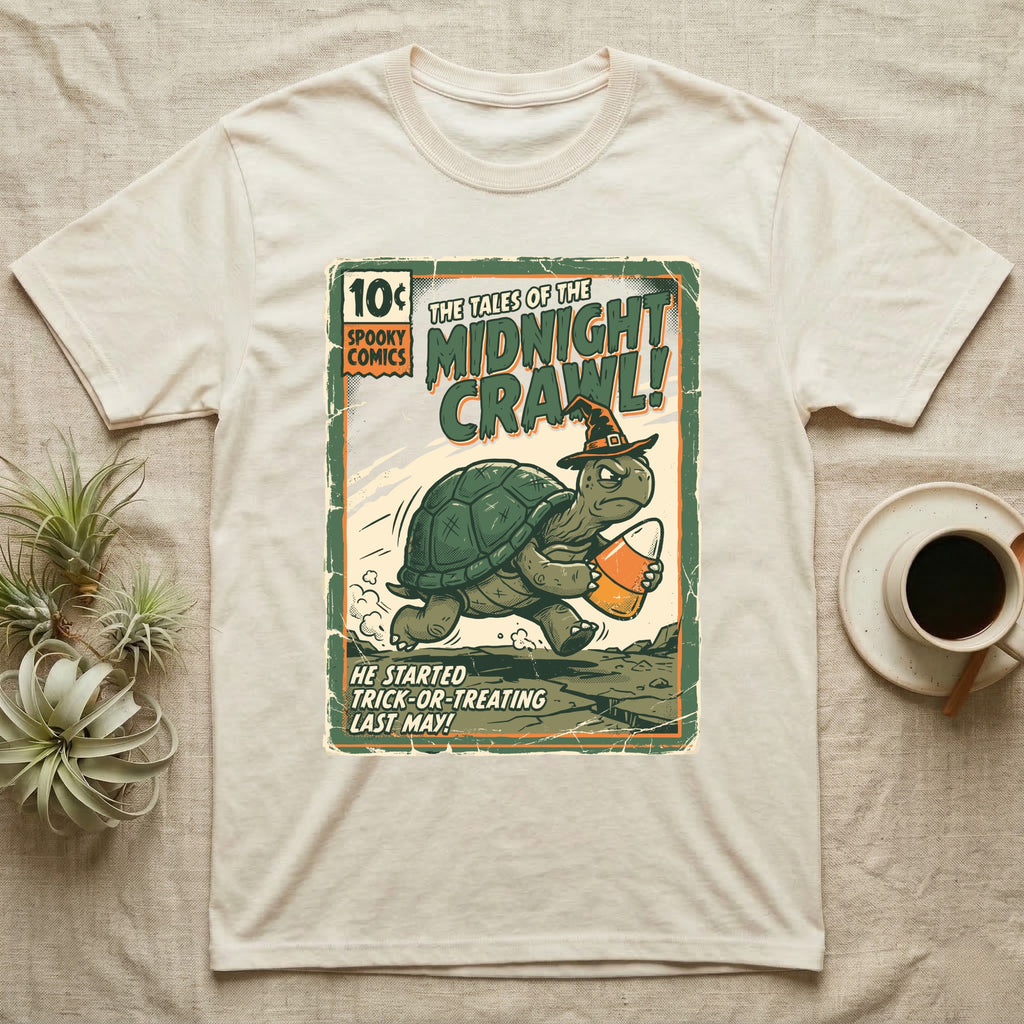 Tortoise Midnight Crawl Vintage T-Shirt in Natural — Worn pulp comic cover of a witch-hatted tortoise dashing with a candy pail, "Tales of the Midnight Crawl."