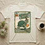 Tortoise Midnight Crawl Vintage T-Shirt in Natural — Worn pulp comic cover of a witch-hatted tortoise dashing with a candy pail, "Tales of the Midnight Crawl."