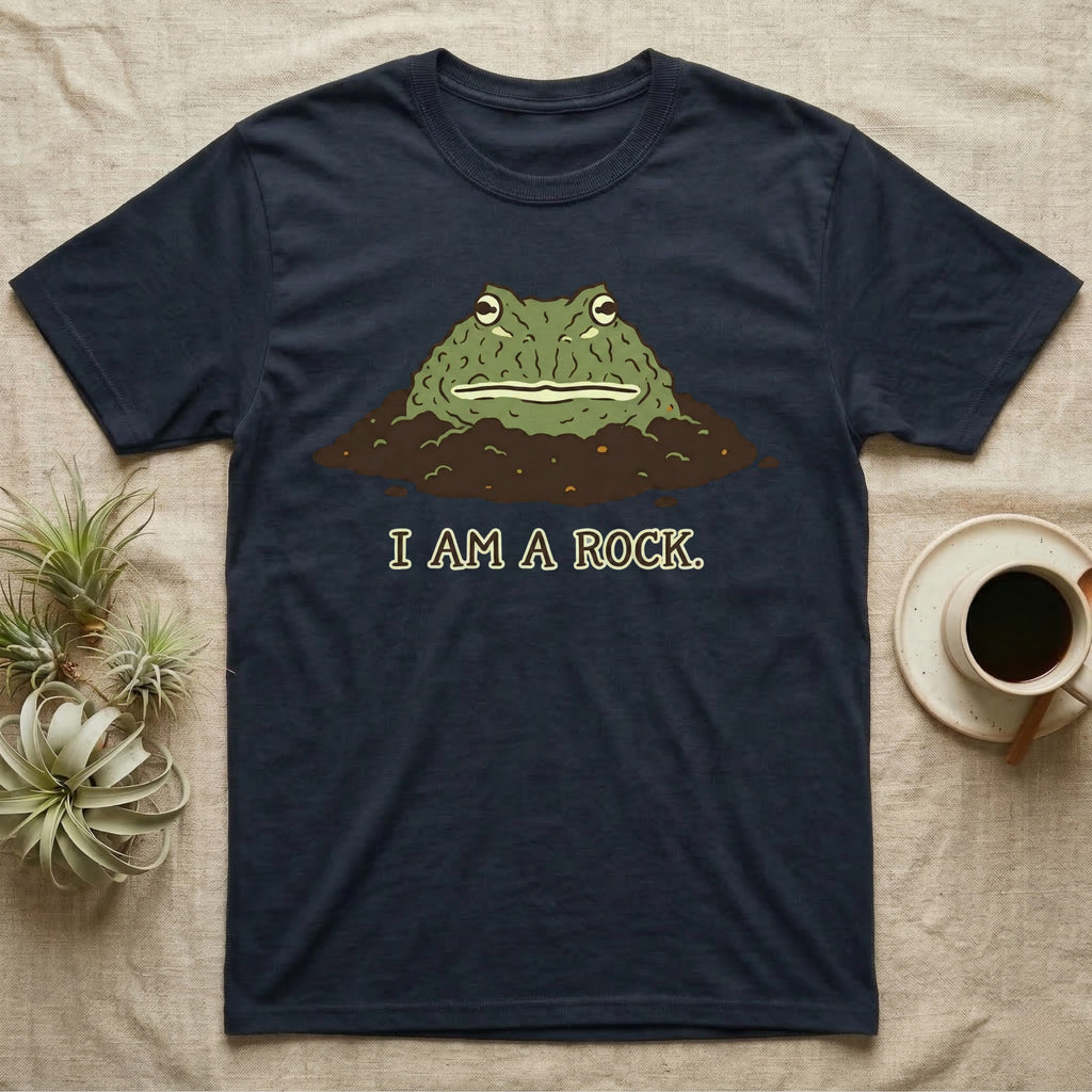 Dark t-shirt with a cartoon toad peeking from the ground, reading "I AM A ROCK."