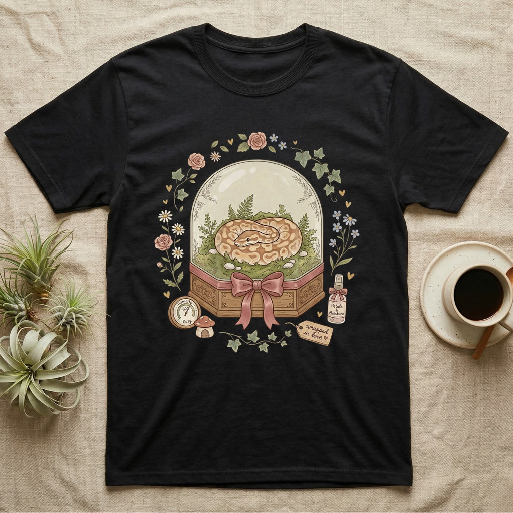 Black t-shirt with a coiled ball python in a glass dome on a gift box.
