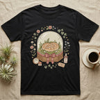 Black t-shirt with a coiled ball python in a glass dome on a gift box.