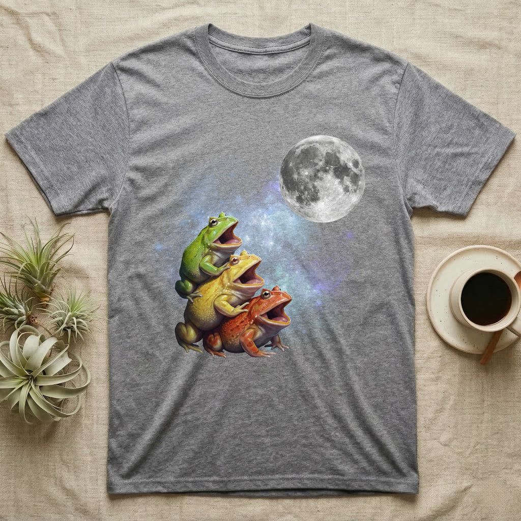Pacman Frog Moon Howl T-Shirt in Sport Grey — Three Pacman Frog colour morphs howling at a full moon over a nebula on a dark grey t-shirt.