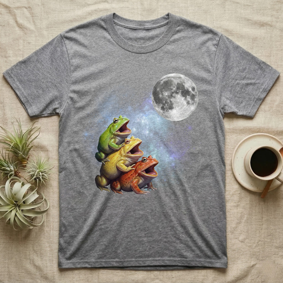 Pacman Frog Moon Howl T-Shirt in Sport Grey — Three Pacman Frog colour morphs howling at a full moon over a nebula on a dark grey t-shirt.
