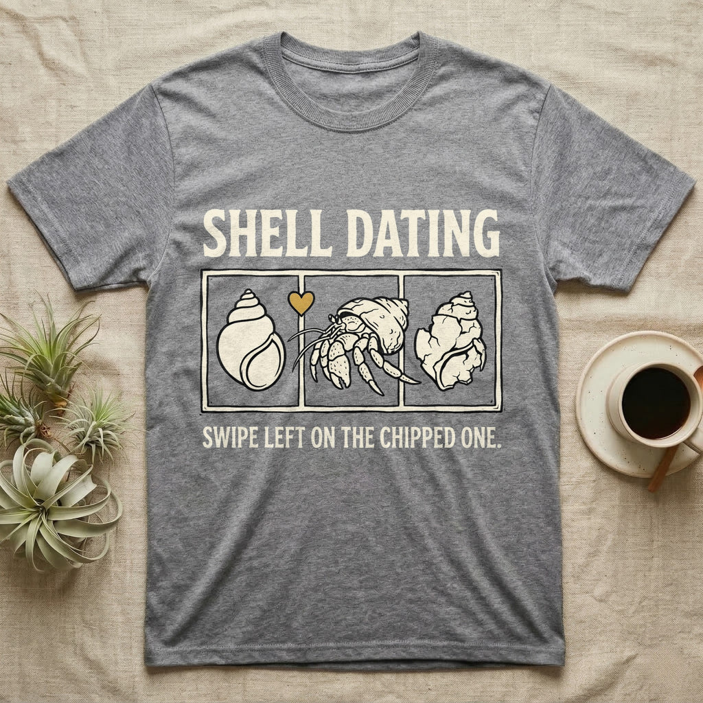 Hermit Crab Shell Dating T-Shirt in Sport Grey — Vintage-ink hermit crab leaning toward a pristine shell, chipped shell on the right, carved type "Shell Dating. Swipe Left."