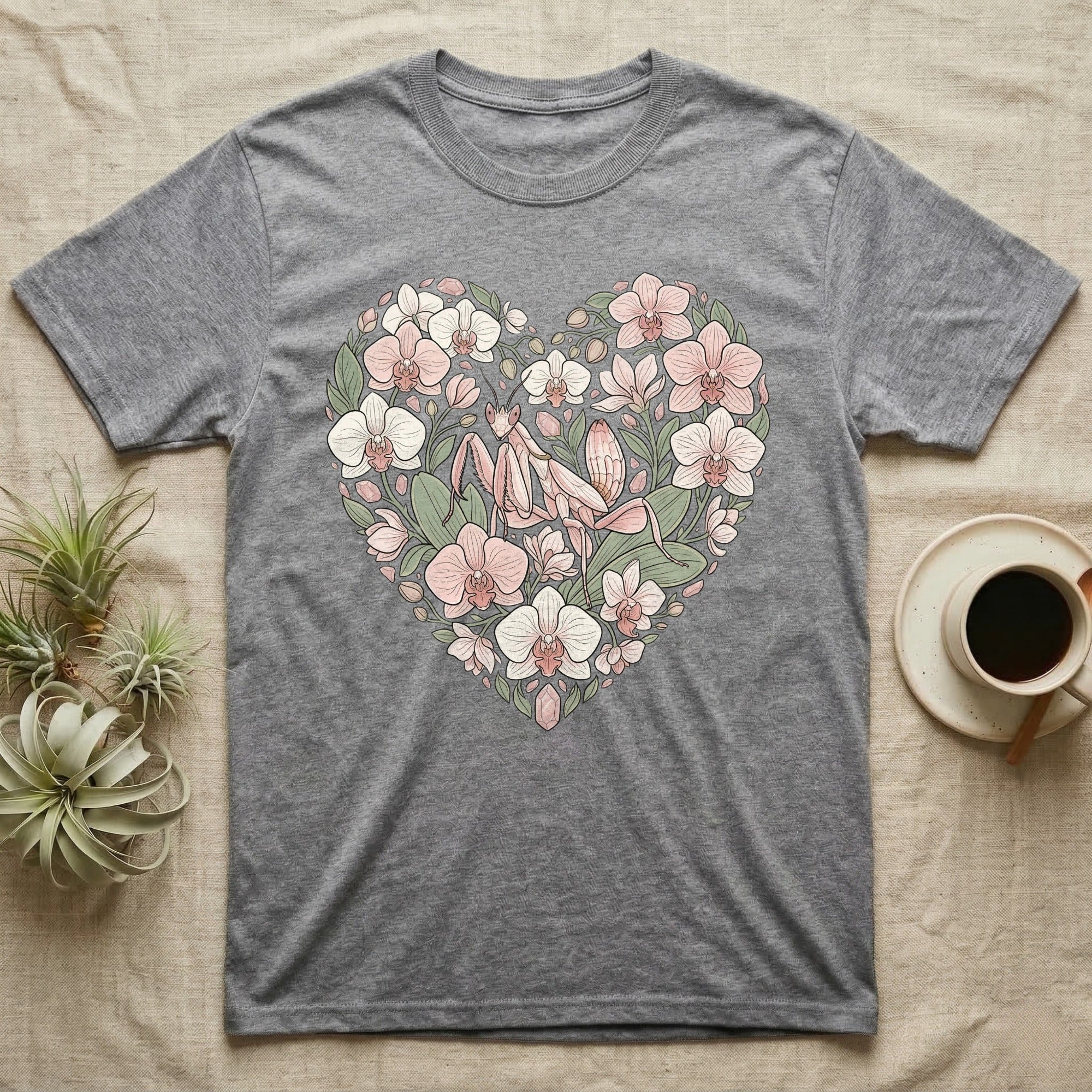 Gray t-shirt with a heart-shaped floral design featuring a praying mantis.
