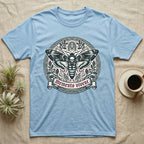 Light blue t-shirt with a moth and "MEMENTO VIVERE" text graphic.
