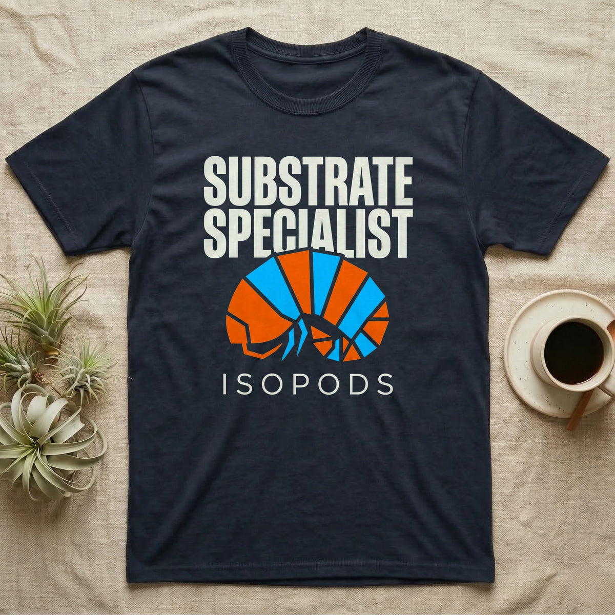 Isopod Substrate Specialist T-Shirt in Navy — Geometric orange and blue rolled isopod between bold "Substrate Specialist" and "Isopods" lettering.