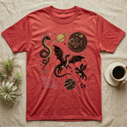 Red t-shirt with scattered illustrations of dragons and planets.