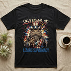 Bearded Dragon Uncle Sam T-Shirt in Black — Splatter-art bearded dragon as Uncle Sam pointing forward under text 250 Years of Lizard Supremacy.