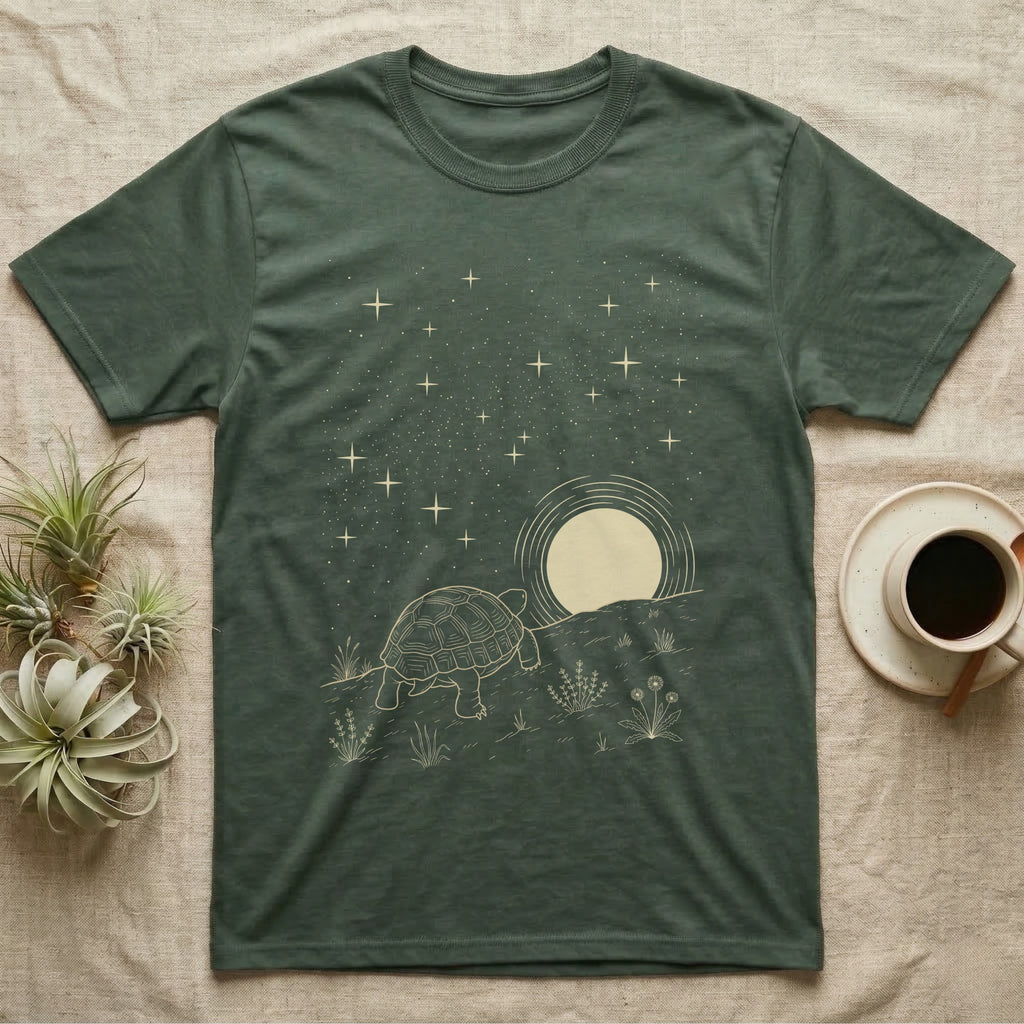Russian Tortoise Moonlight T-Shirt in Military Green — Scratchboard-style Russian tortoise walking up a steppe ridge toward a setting moon under a starry sky