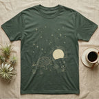 Russian Tortoise Moonlight T-Shirt in Military Green — Scratchboard-style Russian tortoise walking up a steppe ridge toward a setting moon under a starry sky