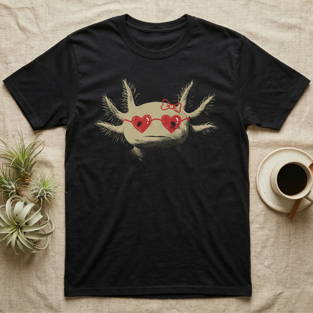 Axolotl Heart Glasses T-Shirt in Black — An axolotl's face with red marker heart-shaped sunglasses and a bow drawn on the glass.