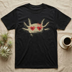 Axolotl Heart Glasses T-Shirt in Black — An axolotl's face with red marker heart-shaped sunglasses and a bow drawn on the glass.