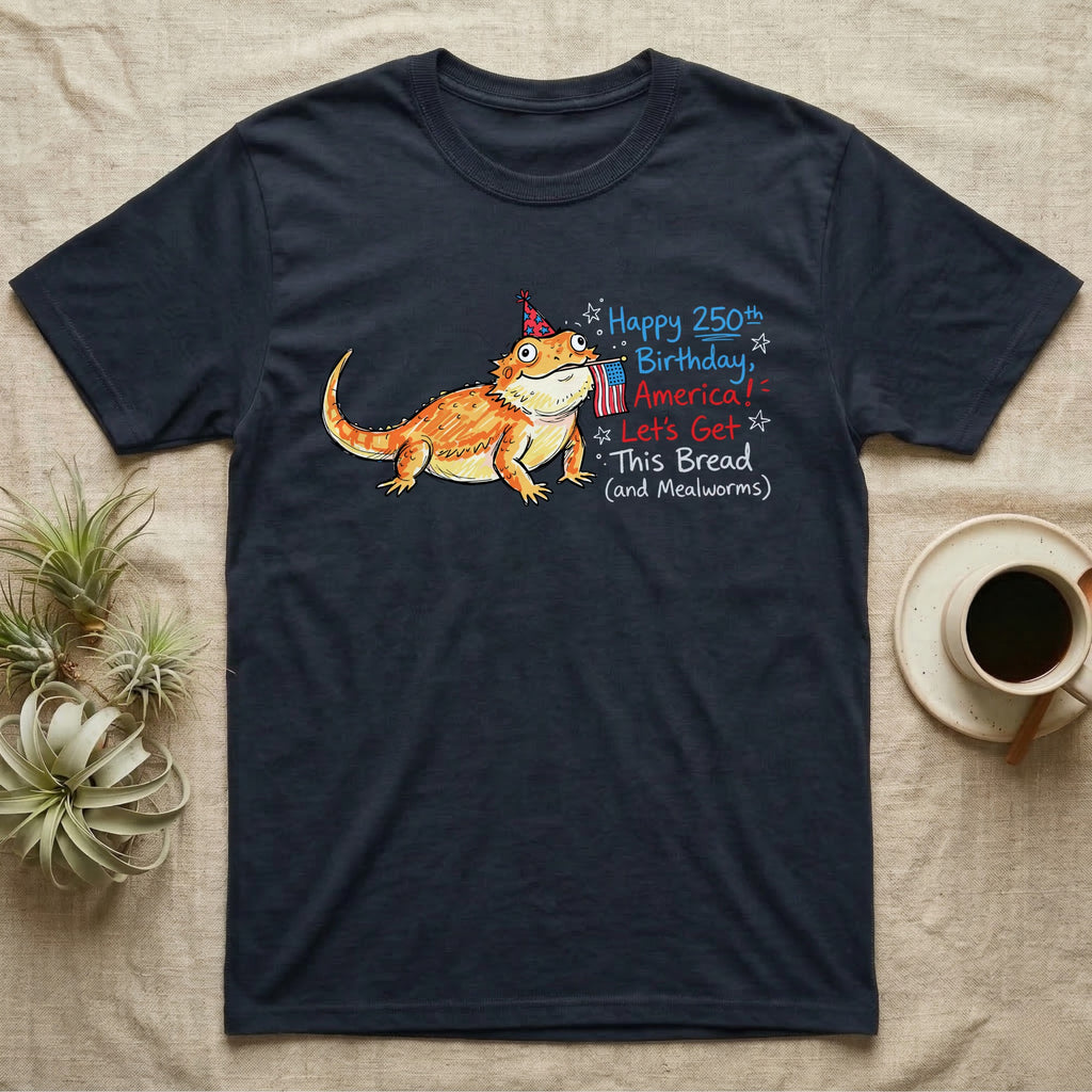 Bearded Dragon Birthday T-Shirt in Navy — Sketch-style bearded dragon in a party hat holding a flag with handwritten text Happy 250th Birthday, America.