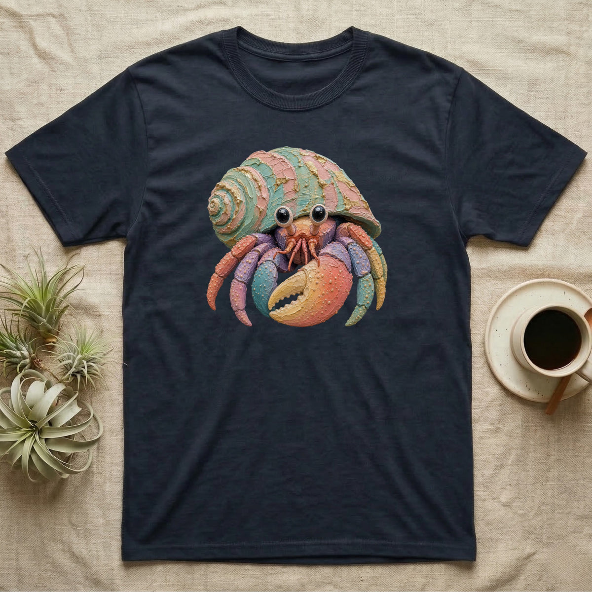 Navy t-shirt with colorful cartoon hermit crab design.