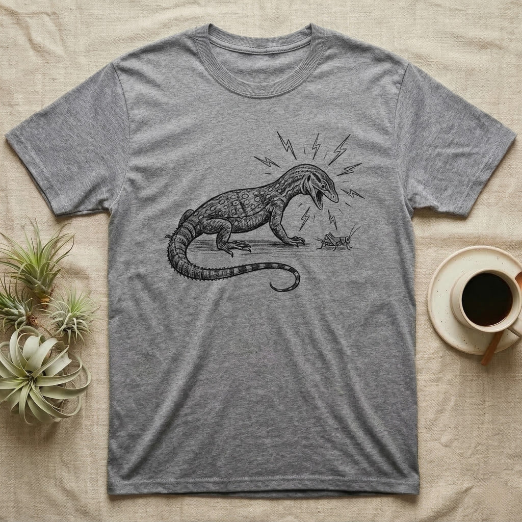 Ackie Monitor Meltdown T-Shirt in Sport Grey — A charcoal drawing of an ackie monitor hissing furiously at one small, calm cricket, with lightning bolts around its head.