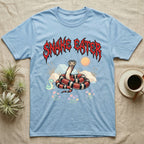 California Kingsnake Feral T-Shirt in Light Blue — Banded California kingsnake coiled with a tiny companion snake under a jagged blood-red metal wordmark and pastel scene.