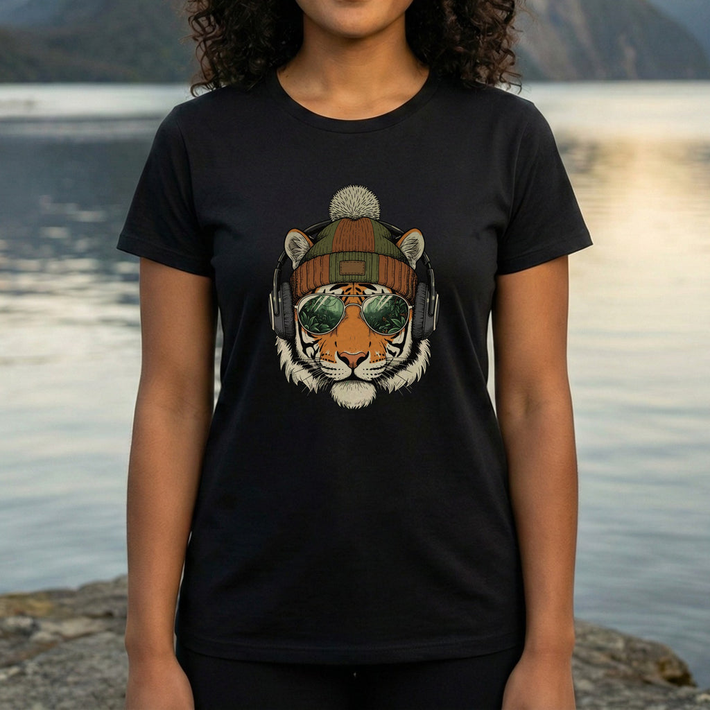 Cool Tiger Wearing Headphones Black T-Shirt