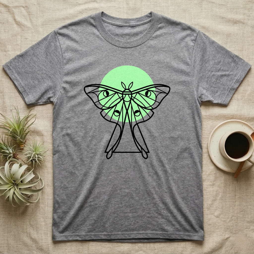 Grey t-shirt with a black line drawing of a luna moth and green circle.
