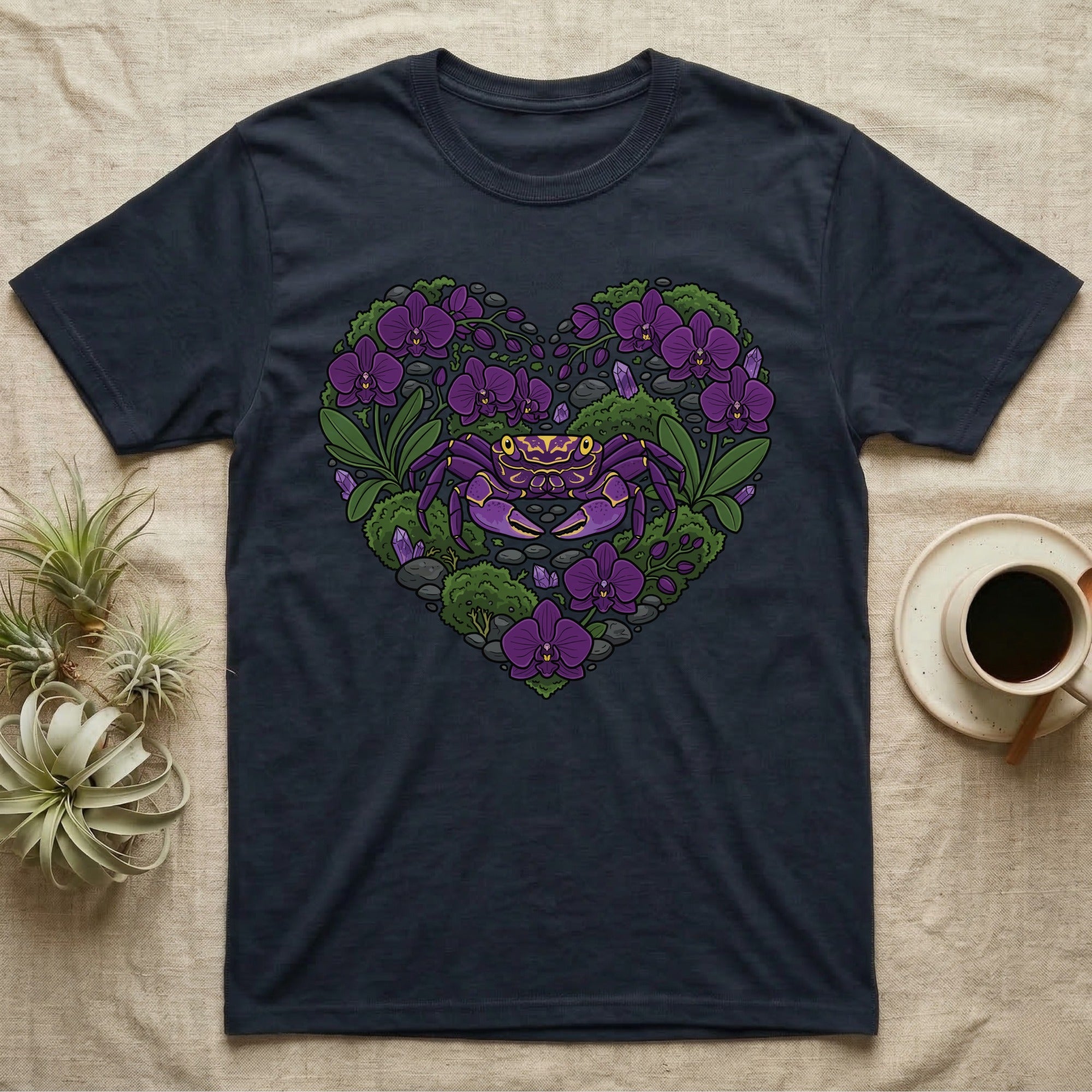 Dark t-shirt with purple crab and floral heart design.