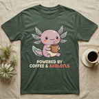 Coffee And Axolotls T-Shirt in Military Green — Kawaii chibi illustration of an axolotl holding a coffee cup with soft text reading Powered By Coffee And Axolotls.