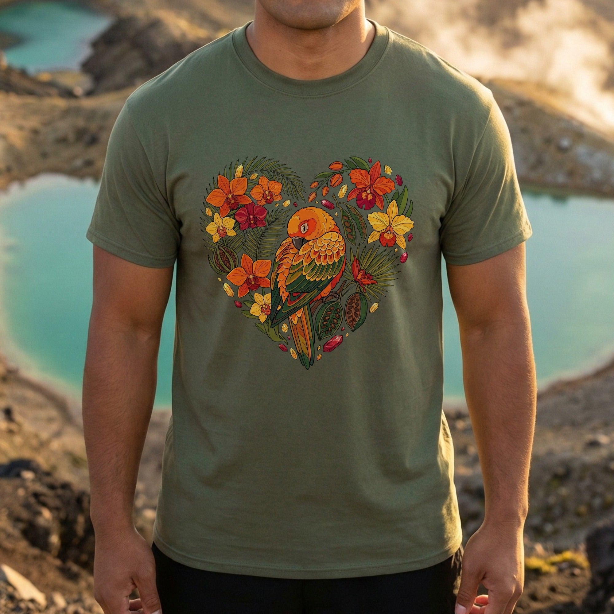 Colorful Parrot and Floral Heart Design T-shirt