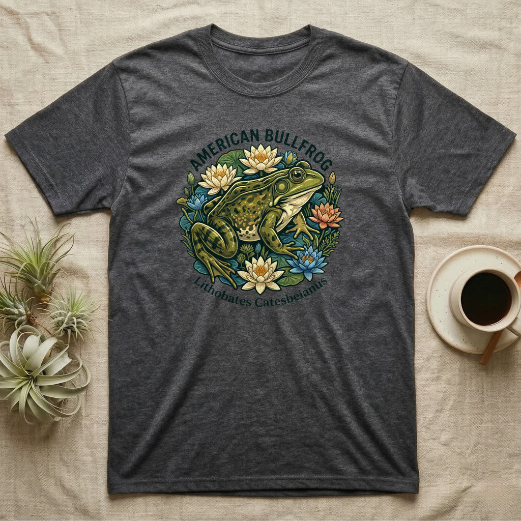 Dark grey t-shirt with an American Bullfrog and flowers design.