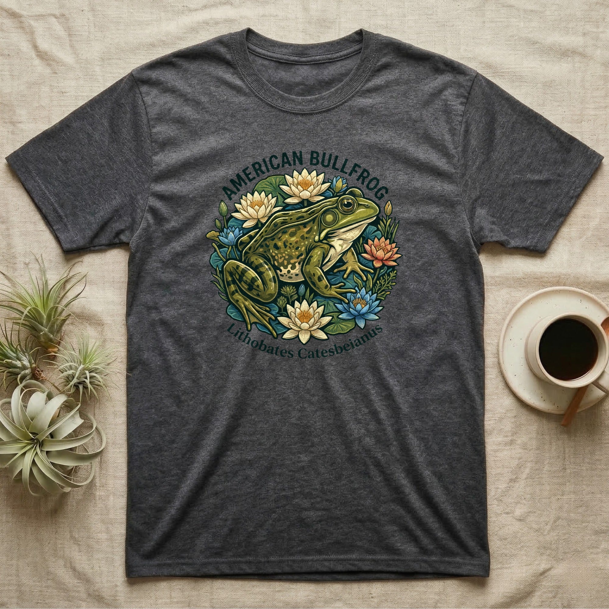 Dark grey t-shirt with an American Bullfrog and flowers design.