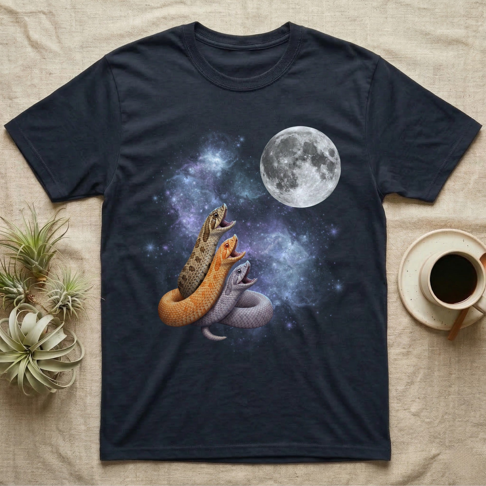 Western Hognose Snake Moon Howl T-Shirt in Navy — Three Western Hognose Snake colour morphs howling at a full moon over a nebula on a dark grey t-shirt.
