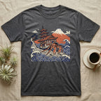 Dark gray t-shirt with Japanese temple, Mount Fuji, and stylized crab design.