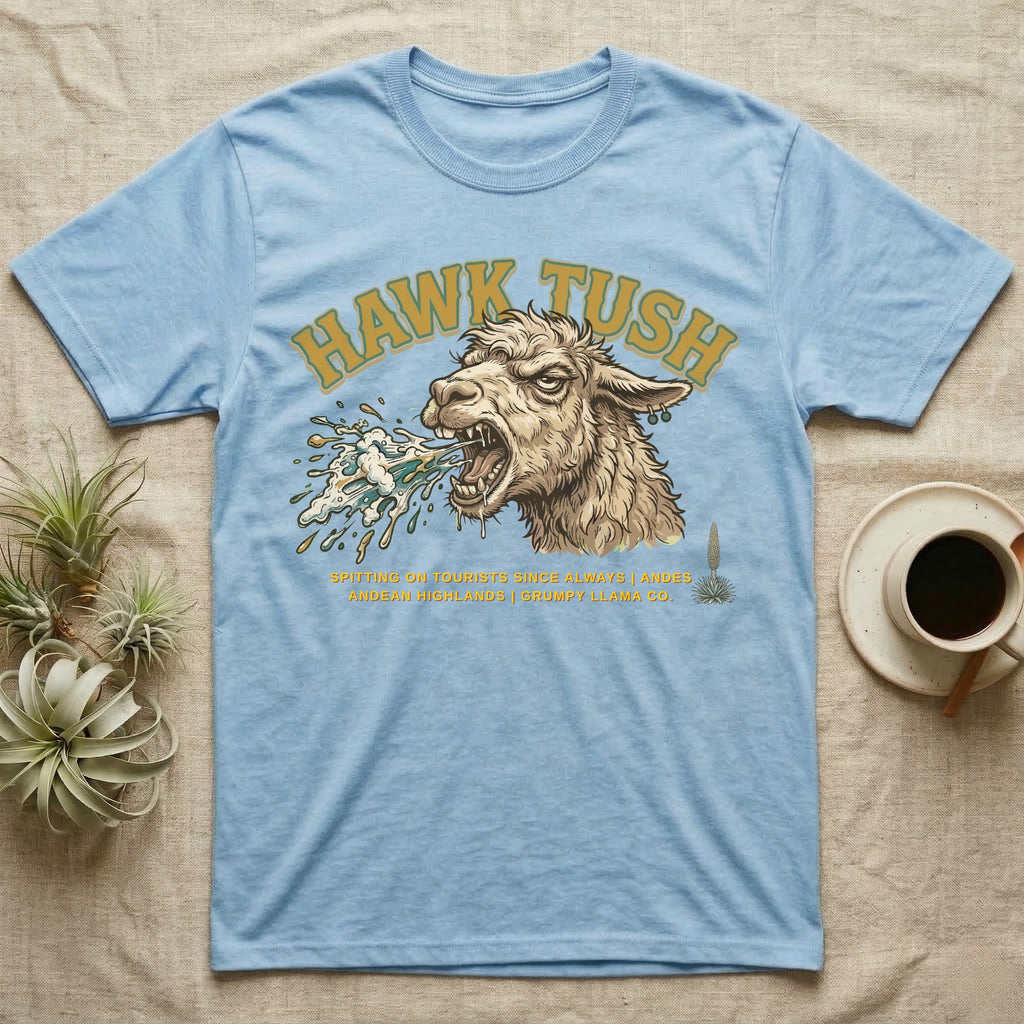 Light blue t-shirt with "HAWK TUSH" and a spitting llama graphic.