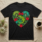 Black t-shirt with a green gecko and tropical plants forming a heart shape.
