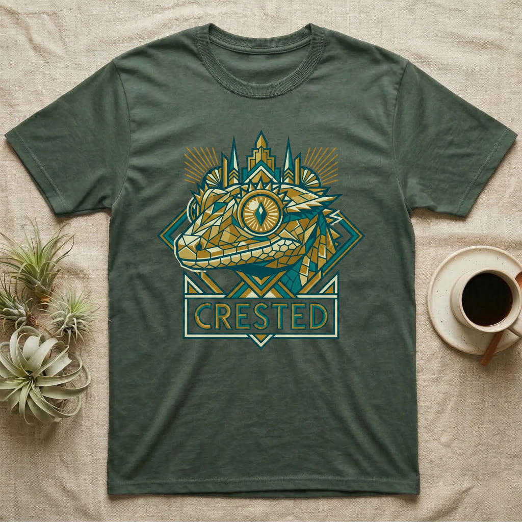 Green t-shirt with geometric crested gecko and city skyline design.