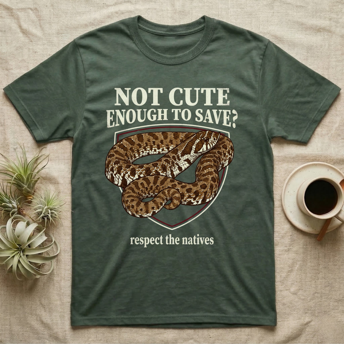 Hognose Snake Conservation T-Shirt in Military Green — Vintage-poster illustration of a western hognose snake portrait in a sepia crest with conservation banner text.