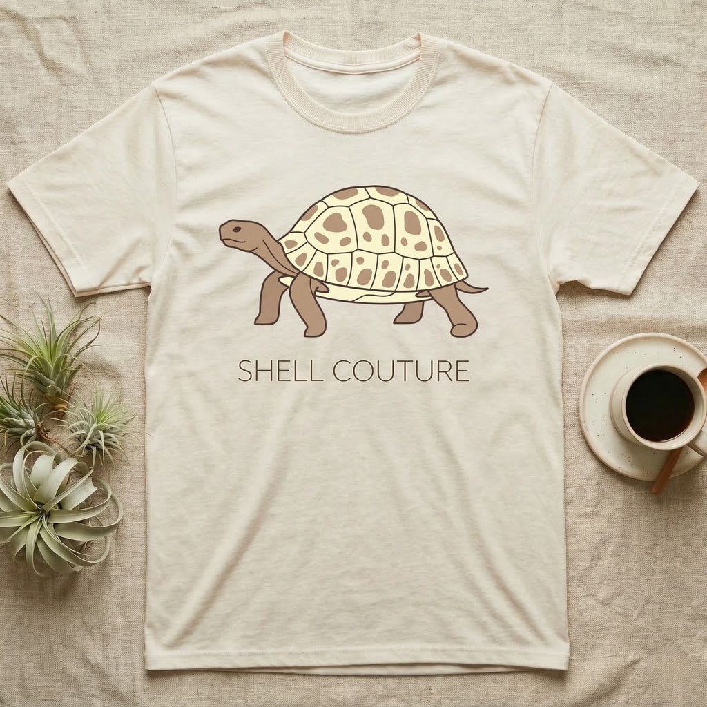 Light tan t-shirt with a tortoise graphic and "SHELL COUTURE" text.