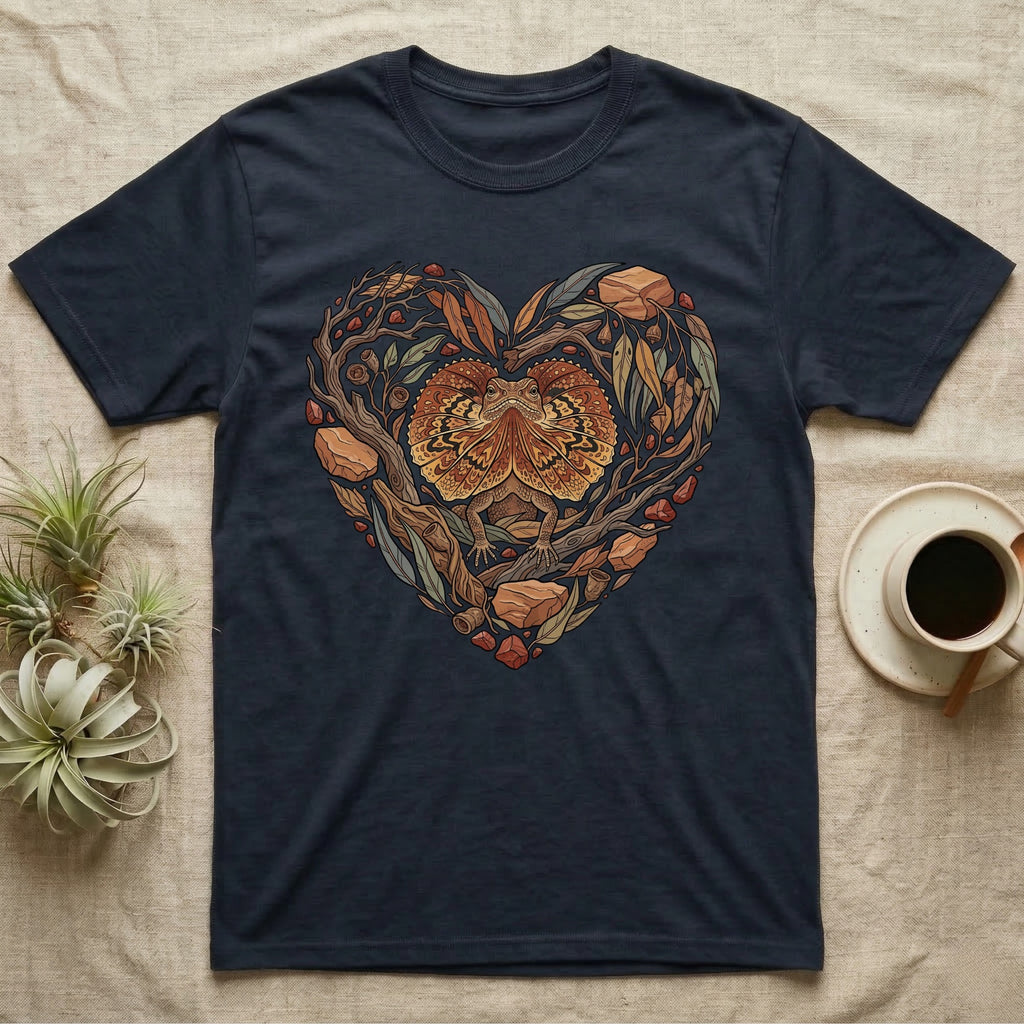 Dark blue t-shirt with a heart-shaped nature design featuring a dragon in the center.