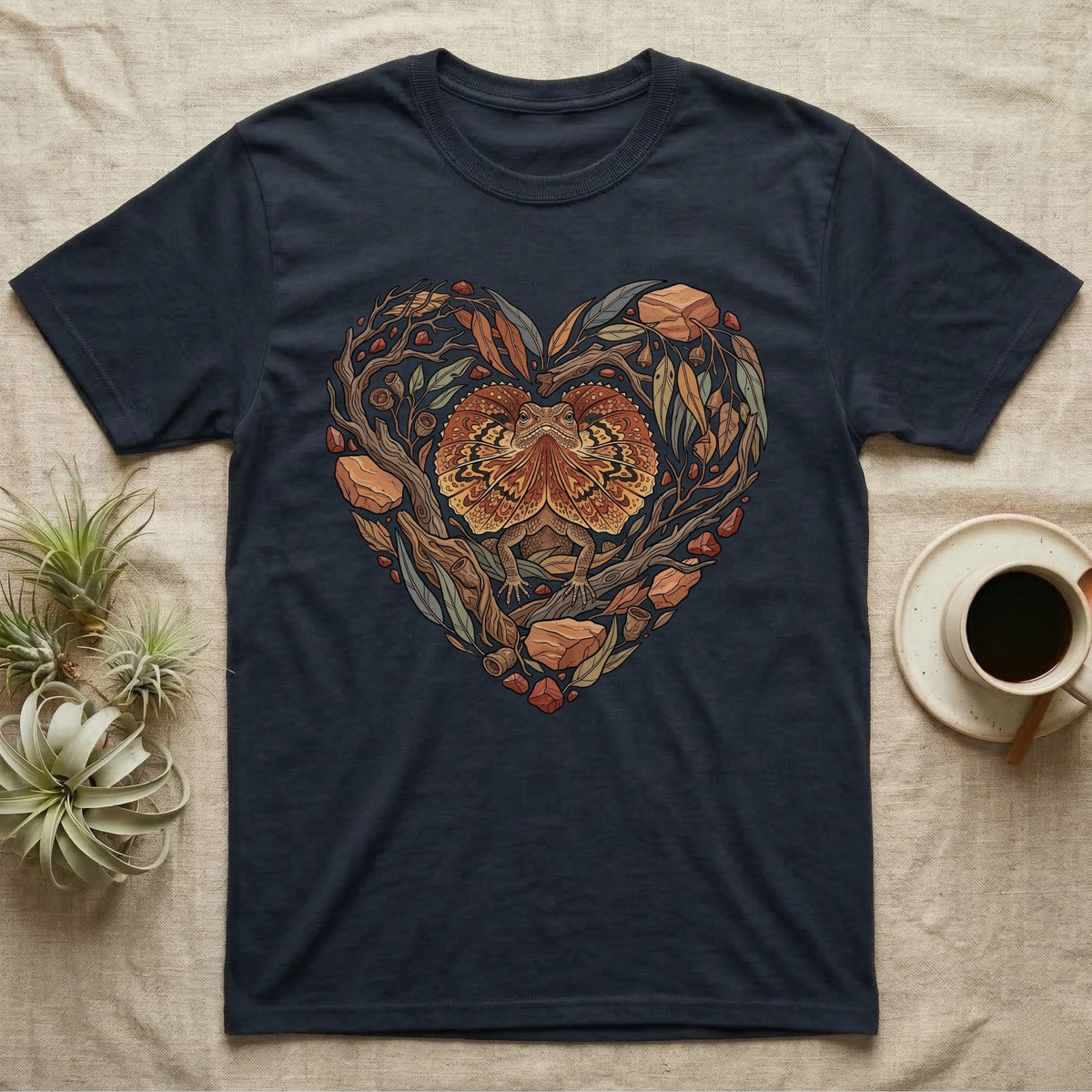 Dark blue t-shirt with a heart-shaped nature design featuring a dragon in the center.