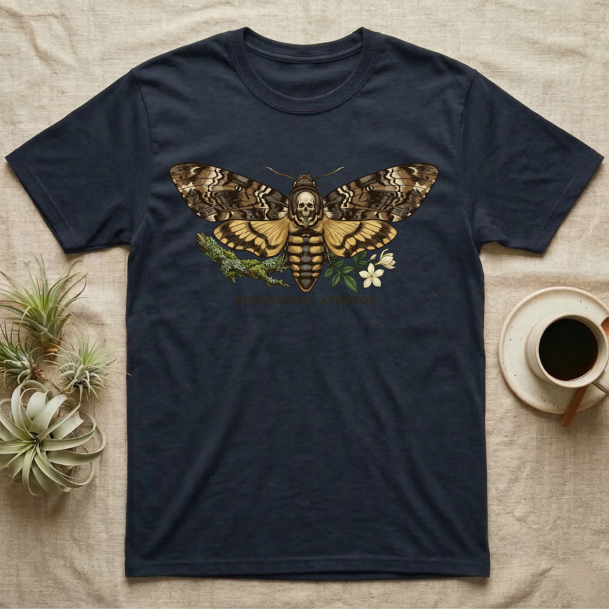 Dark t-shirt with a death's-head hawkmoth illustration and text.