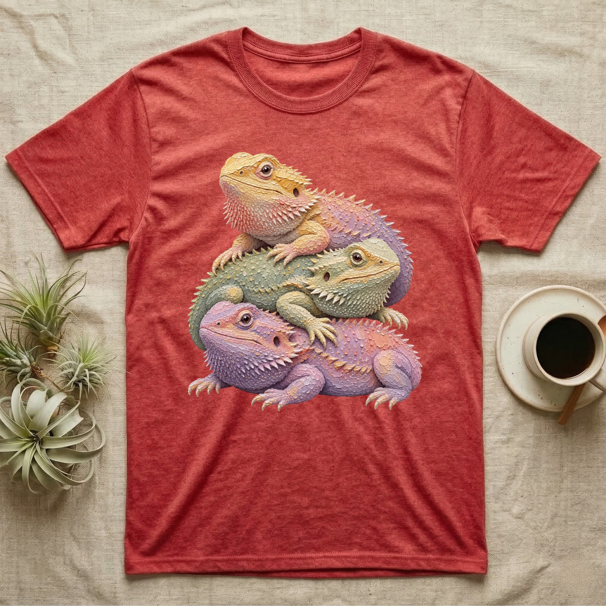 Red heather t-shirt with stacked bearded dragons graphic.