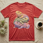 Red heather t-shirt with stacked bearded dragons graphic.
